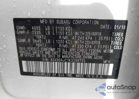 2019 Subaru Outback 2.5I Limited из США, поврежденный, VIN 4S4BSAJC1K3298735